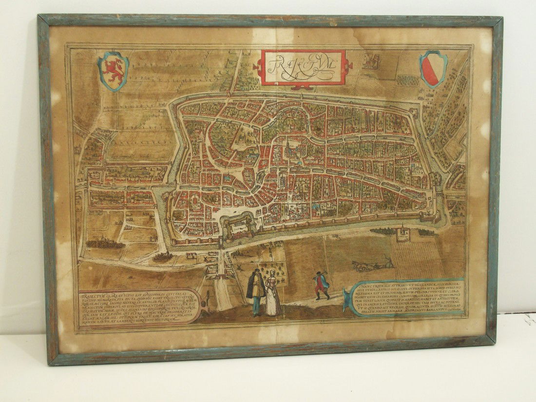 Jan Janssonius Mid 17th Century Map of Amsterdam: 21" x 15 1/2" in a thin wood frame, Jan Janssonius (1588-1664) Dutch cartographer, he produced his first maps 1616 of France and Italy. This hand colored map of Amsterdam is now framed, it was folded