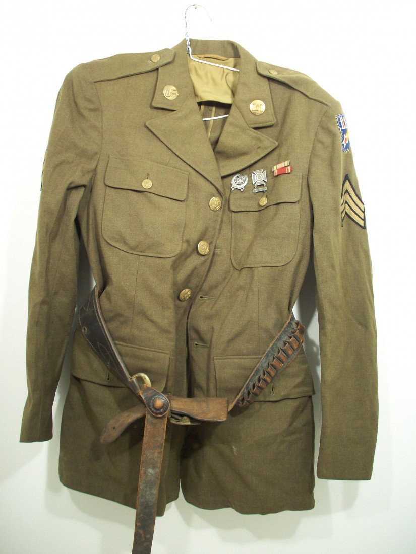 WWII US Army 11th Air Corps Jacket With Belt: Jacket has 11th Air Corp Patch, sergeant chevrons sewn on each sleeve, 2 ribbon pins, and 2 rifle pins (one is missing back clips). Marked : 37L. Sam Browne Belt is marked 37. Belt stitching has come 