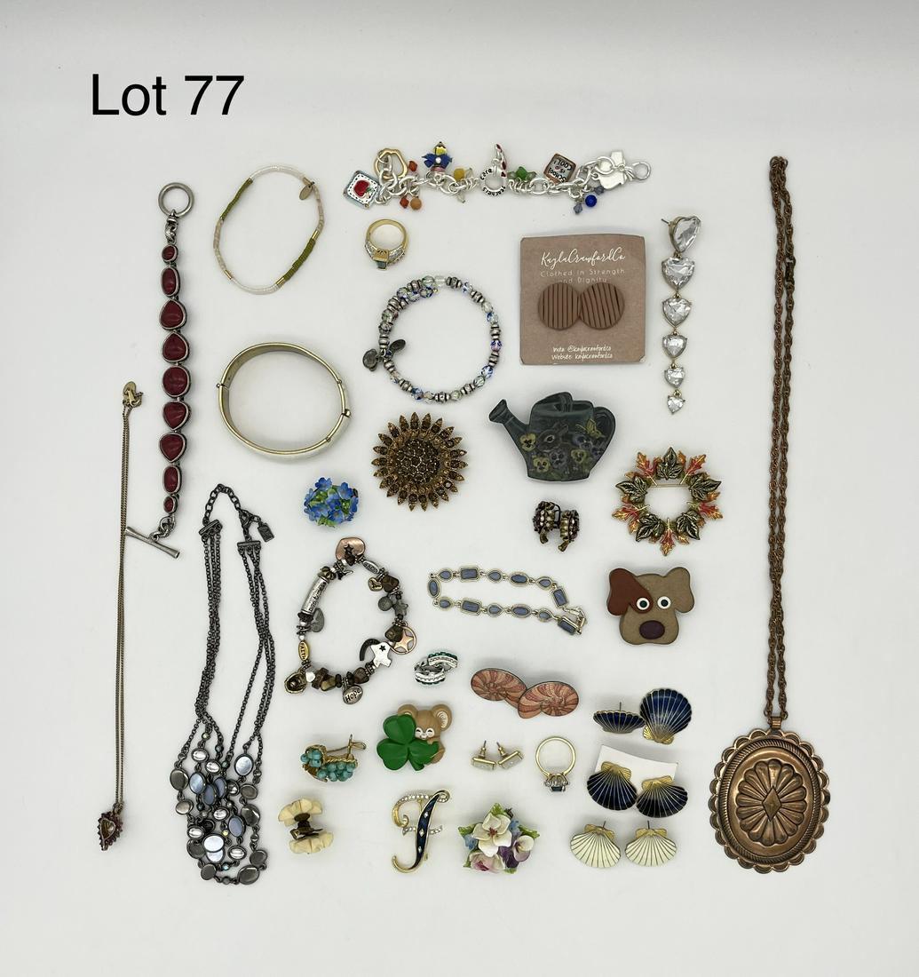 Vintage Lot of Signed Costume Jewelry and Accessories: Lot of vintage signed costume jewelry and accessories, including pieces by Bell, Siti, DeNicola, AK, SJC, and more. Notable pieces include an English china flower pin and a Texas themed charm bracelet