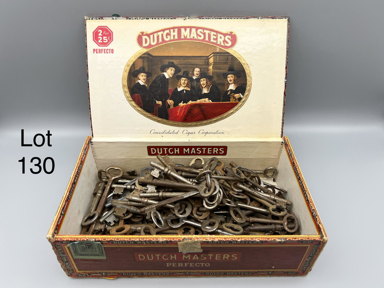 Lot of Vintage/Antique Keys: A lot of over 100 vintage and antique keys. All stored in a vintage cigar box measuring 9 1/4" x 5 1/2" x 3".