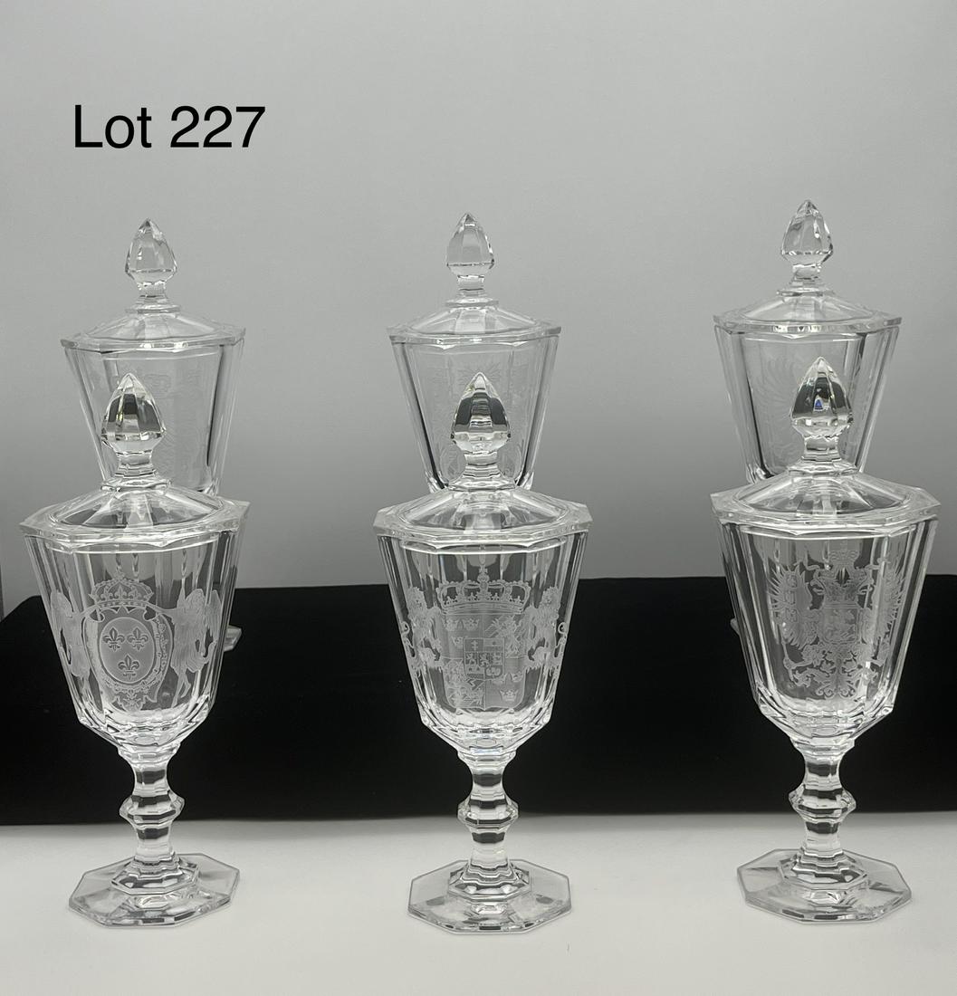 Collection of Villeroy & Boch 250th Anniversary Goblets: Collection of six Villeroy & Boch 250th Anniversary lidded goblets, with etchings of the coat of arms of European nations. Includes Portugal, Austria, Russia, Prussia, France, and Sweden. Measures 9" 