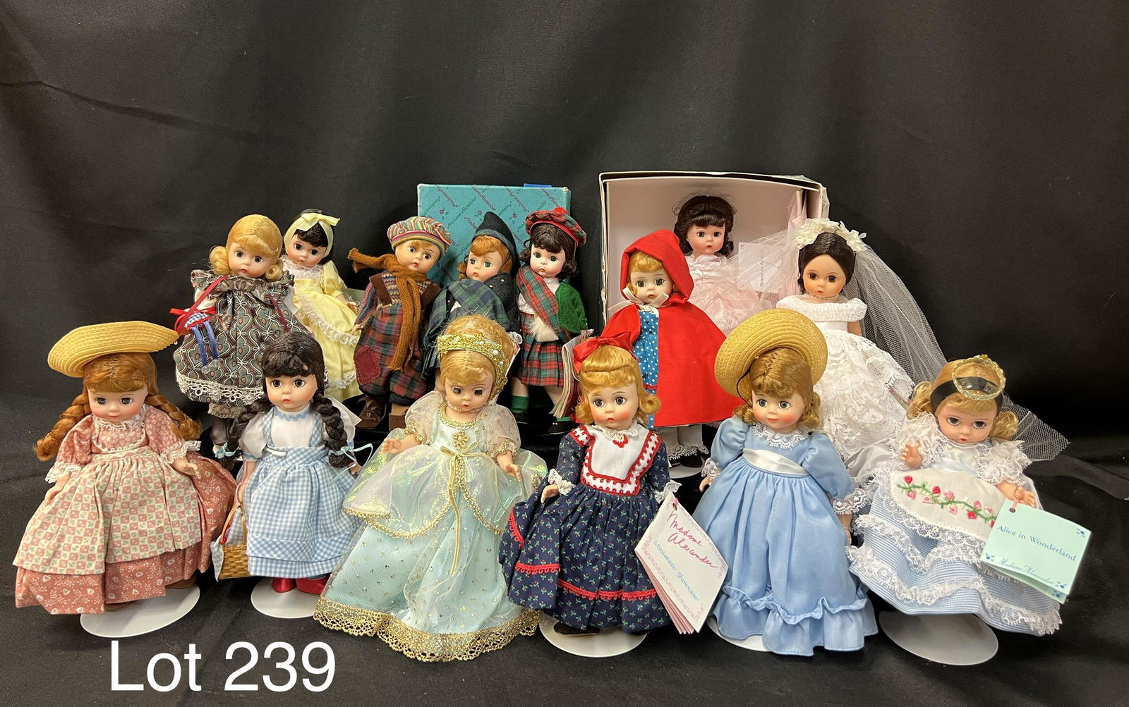Collection of Madame Alexander Dolls: A generous collection of Madame Alexander dolls. Most dating back to 1990's and a few from early 2000's. Dolls included are Dorothy and Toto (#464), Polly Flinders (#443), Cinderella in ball gown (#47