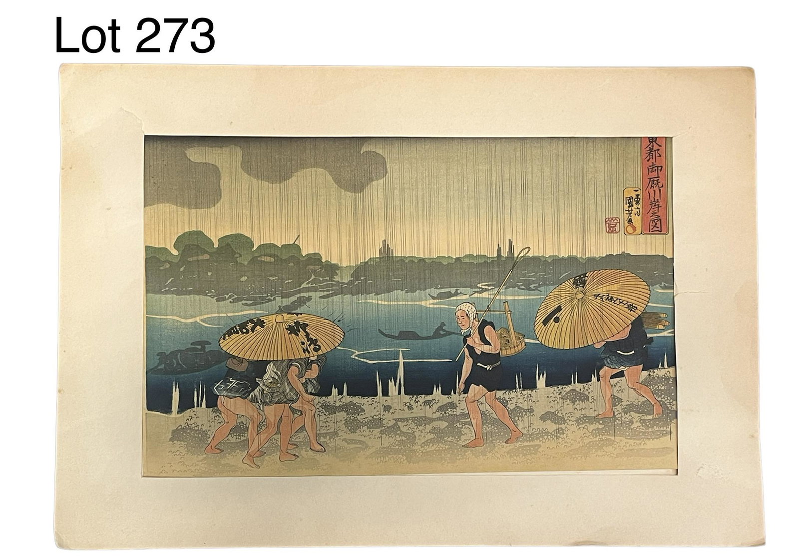 Post 1911 reproduction of On The Shore of The Sumida River by Utagawa Kuniyoshi (1798-1861): Antique reproduction of On The Shore of The Sumida River by Utagawa Kuniyoshi (1798-1861), likely produced between 1911-20. Makers mark from Takamizawa Color-Print Studio on back corner. Takamizawa En