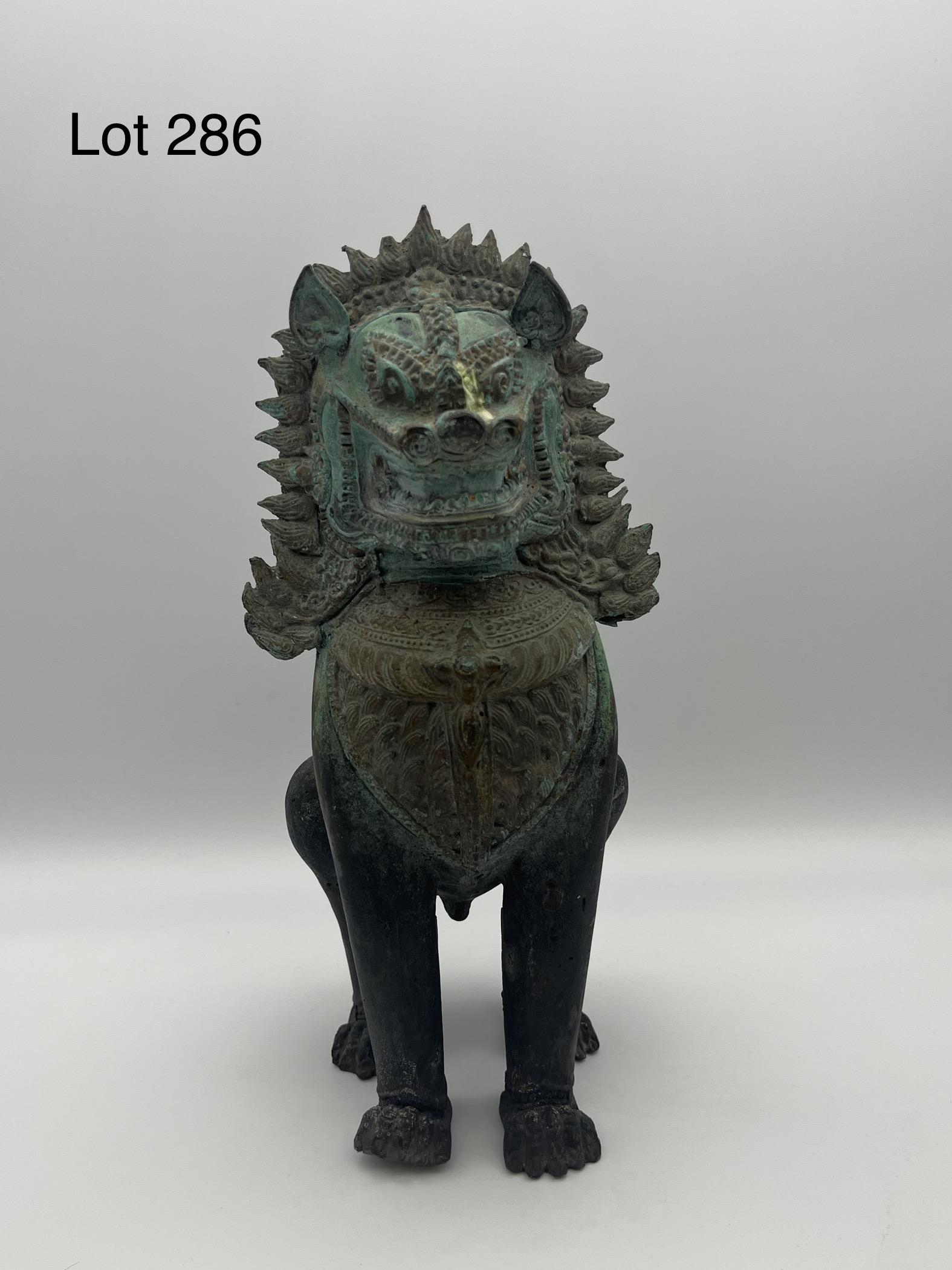 Antique Bronze Thai Lion Statue: Antique bronze statue of a Thai temple guardian lion. Very detailed work, measures 11 1/4" *notes - patina