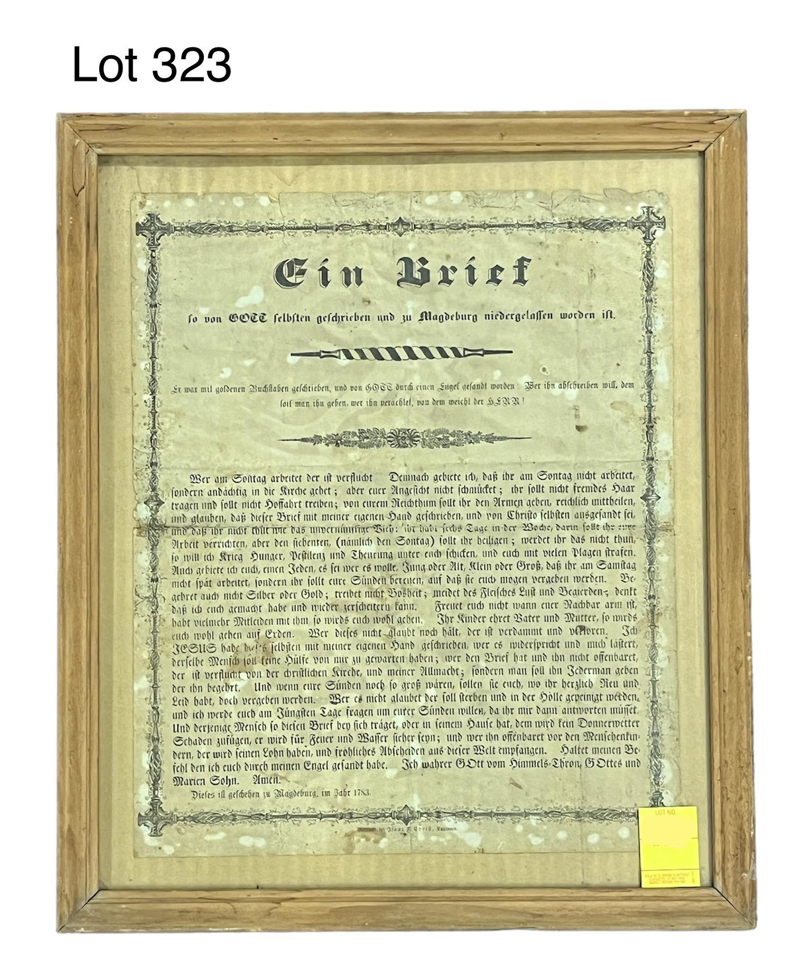 Antique Pennsylvania Dutch "Himmelsbrief": Antique Pennsylvania Dutch "Himmelsbrief" or "Letter from Heaven" from Kutztown, Pennsylvania. Dated 1870, piece was originally published by Isaac F. Christ (1840-1904) in the Kutztown Journal, a Germ