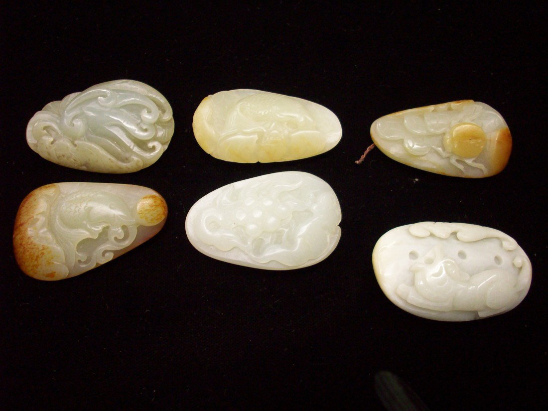 6 Pcs, White Jade: Six pieces all approximately 2", China, various shades of white and some russet , five have fishes, or other animals and one is just a design, two have holes to be pendants, great condition