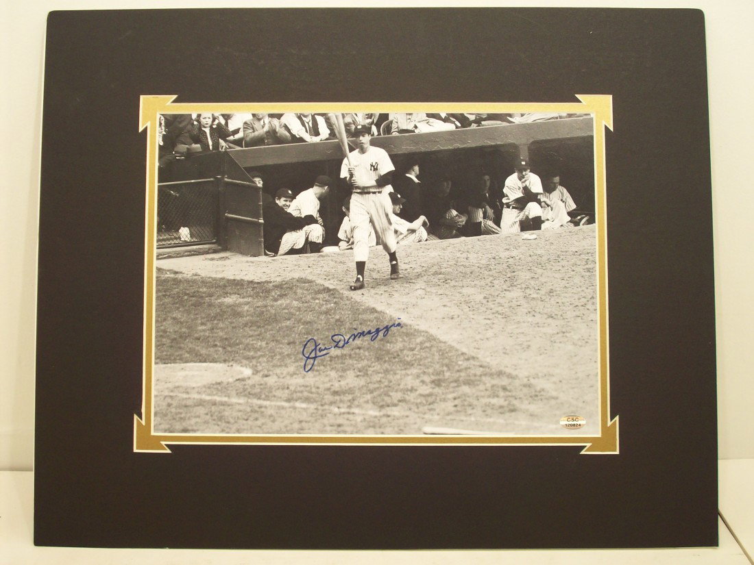 Joe DiMaggio Autograph: Large matted black and white photo, with certificate of Authenticity