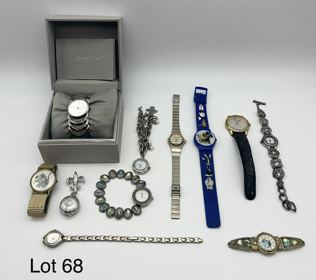 Novelty and Fashion Watch Lot: Lot of novelty and fashion watches, including pieces by Calvin Klein, Kessaris, Rumours, Disney, Brighton, and Japona. Lot also includes small photo case. *notes - Calvin Klein comes in original box,