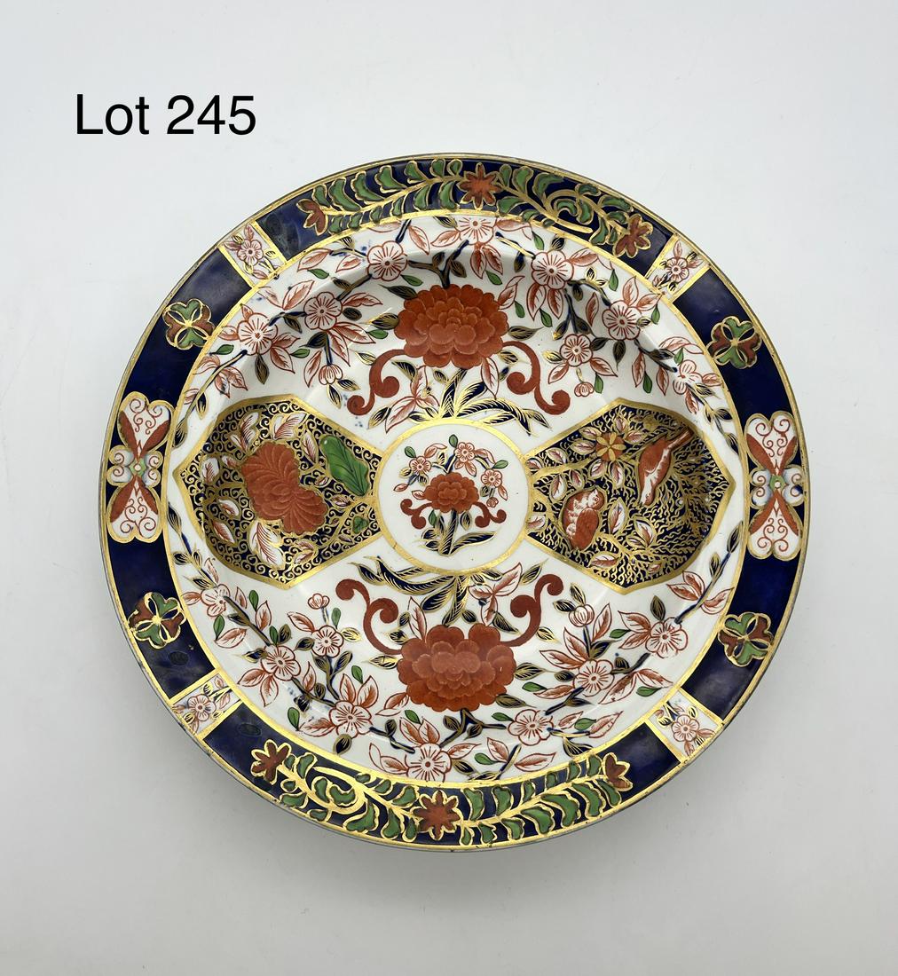 Antique Royal Crown Derby Imari Plate: Antique porcelain Royal Crown Derby Imari plate, in flower motif with gold trim. Makers mark underneath, measures 10 1/4" across.