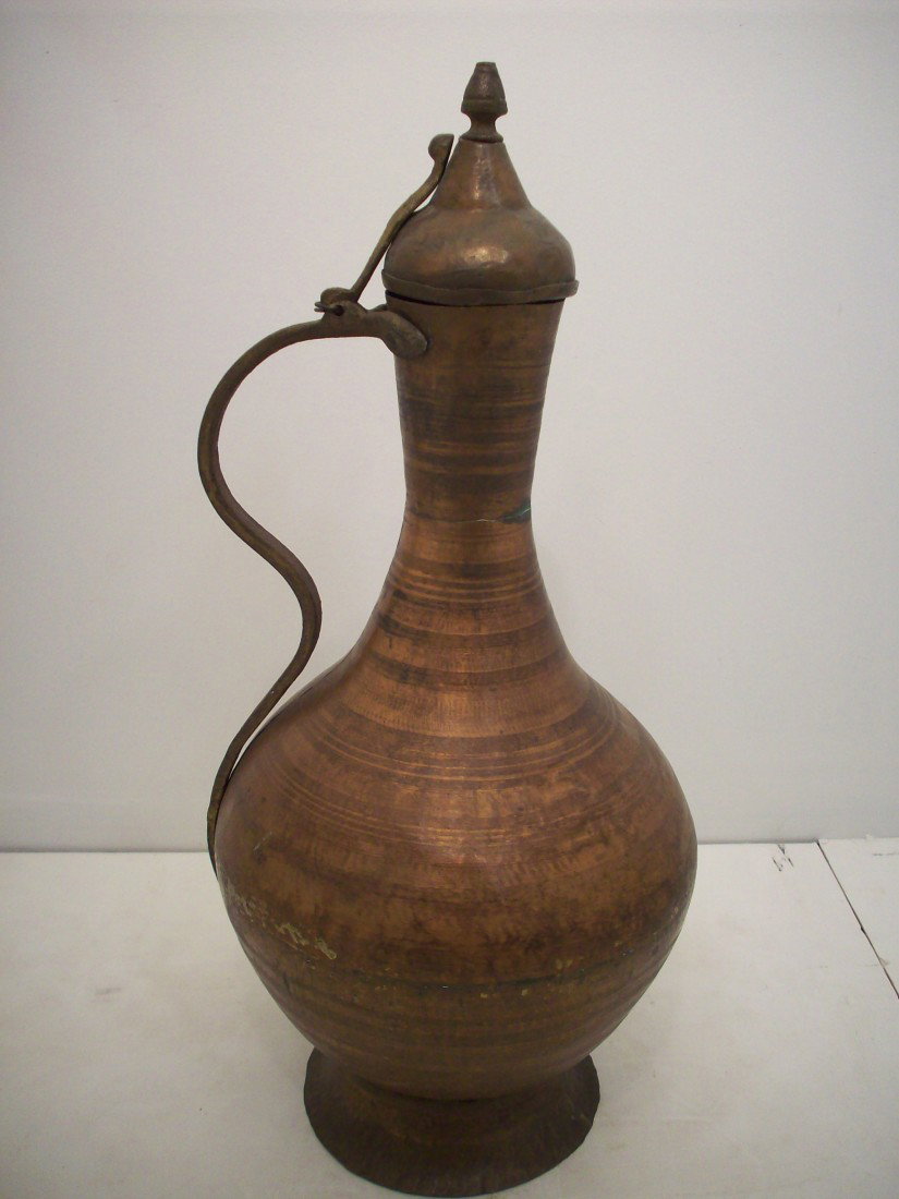 Turkish Hot Water or Coffee Pot: 18 3/4" tall X 9" widest, Copper construction with applied handle, heavy lid does not seal, great used condition with dings and dents, Purchased in Turkey 1953-1957