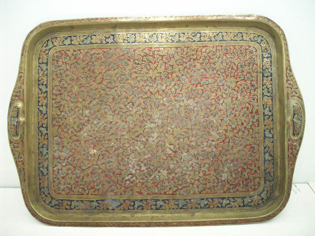 Indian Enameled Tray: 18" X 13 1/2" X 3/4", raised handles, red, blue and green enamel, tarnish and discolored
