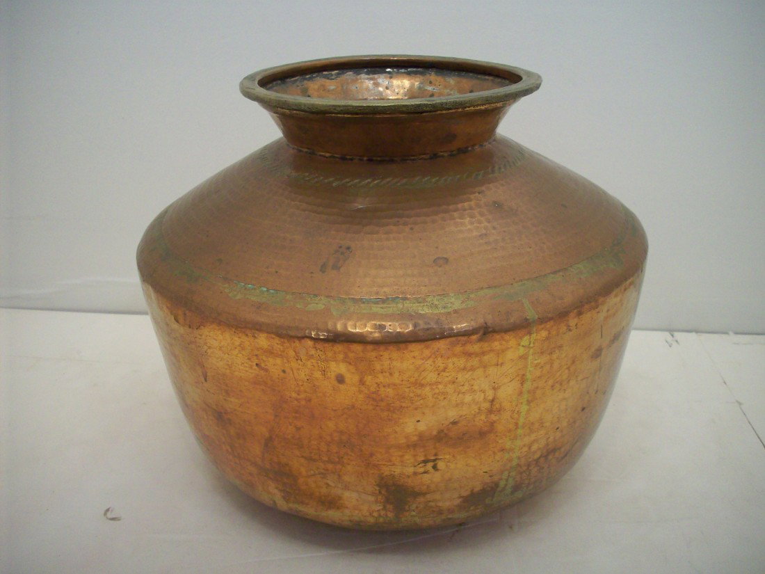 Hammered Copper Pot: 11 1/2" X 14" widest, all copper, 2 piece construction with a thick lip, some dings and dents