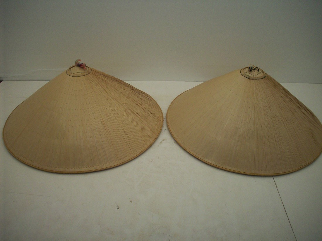 Vietnamese Coolie Hats: 16 1/2" diameter X 7", woven conical tradition "Coolie" hat with interior decorations and cloth tie, both are in great condition, Purchased in Vietnam 1957-1960