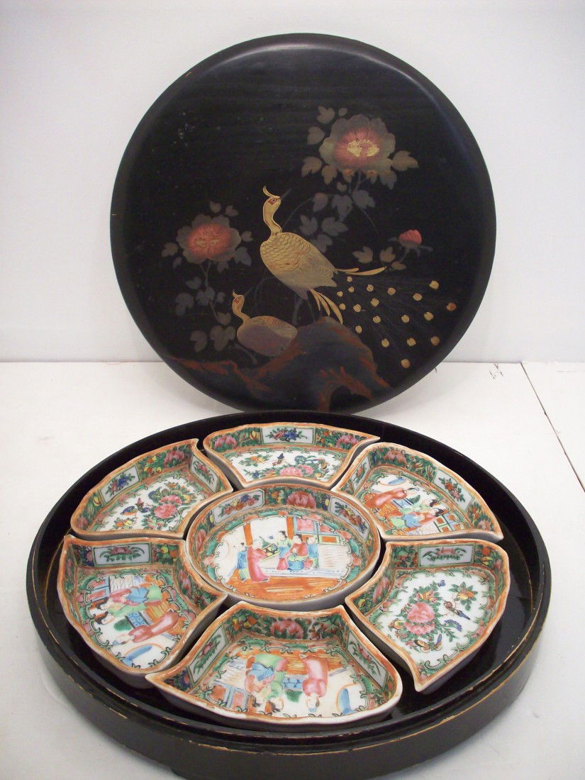 Famille Rose Porcelain Sectional Server: Seven piece sectional "chip and dip" server. China. Unmarked includes a lacquered round case. Great condition with no chips or cracks.