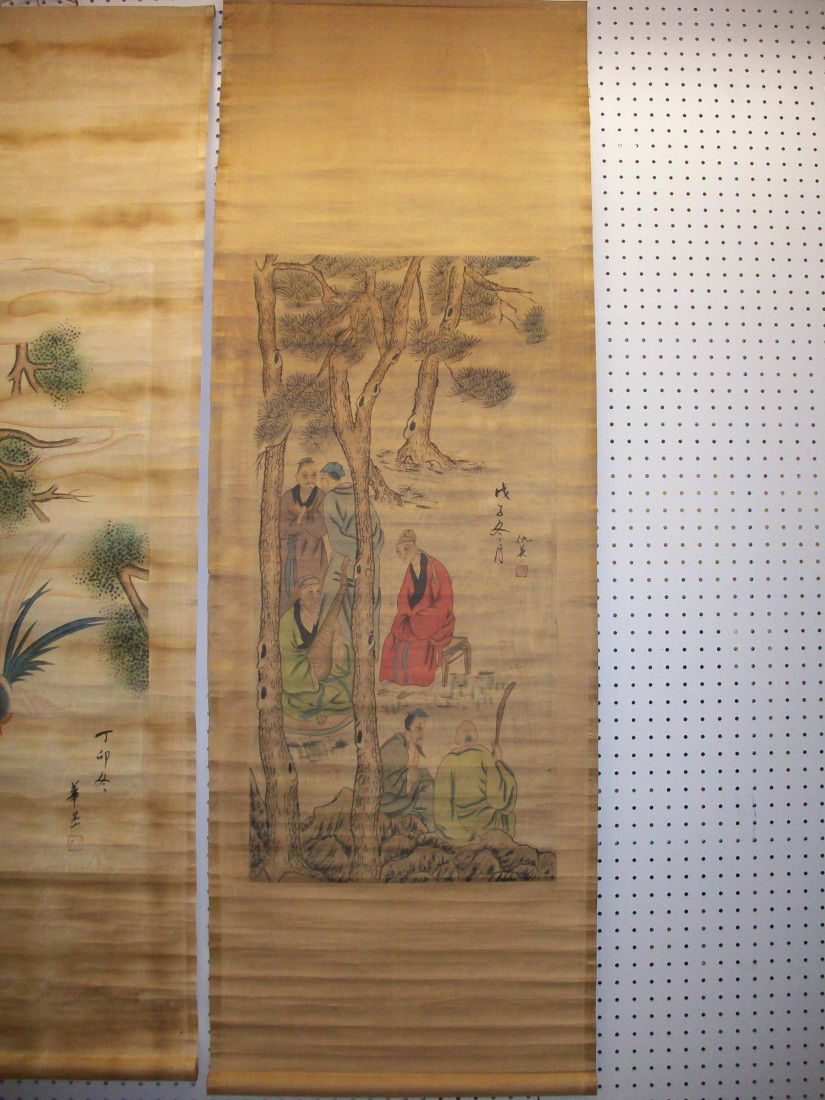 Watercolor Painting #3: China.22" X 64", scroll watercolor of people listening to a musician, signed, was in a sealed tube, good condition with stains and folds