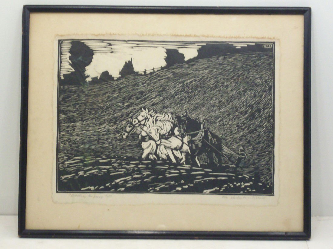 Wharton Harris Esherick "Breaking The Young Colts": 10 3/4" X 15" in a 16 X 20' frame under glass. Wharton Harris Esherick (1887-1970) woodcut, 1923, pencil signed, titled and numbered 43 in the margin, good condition with some scuffs, margins discolor