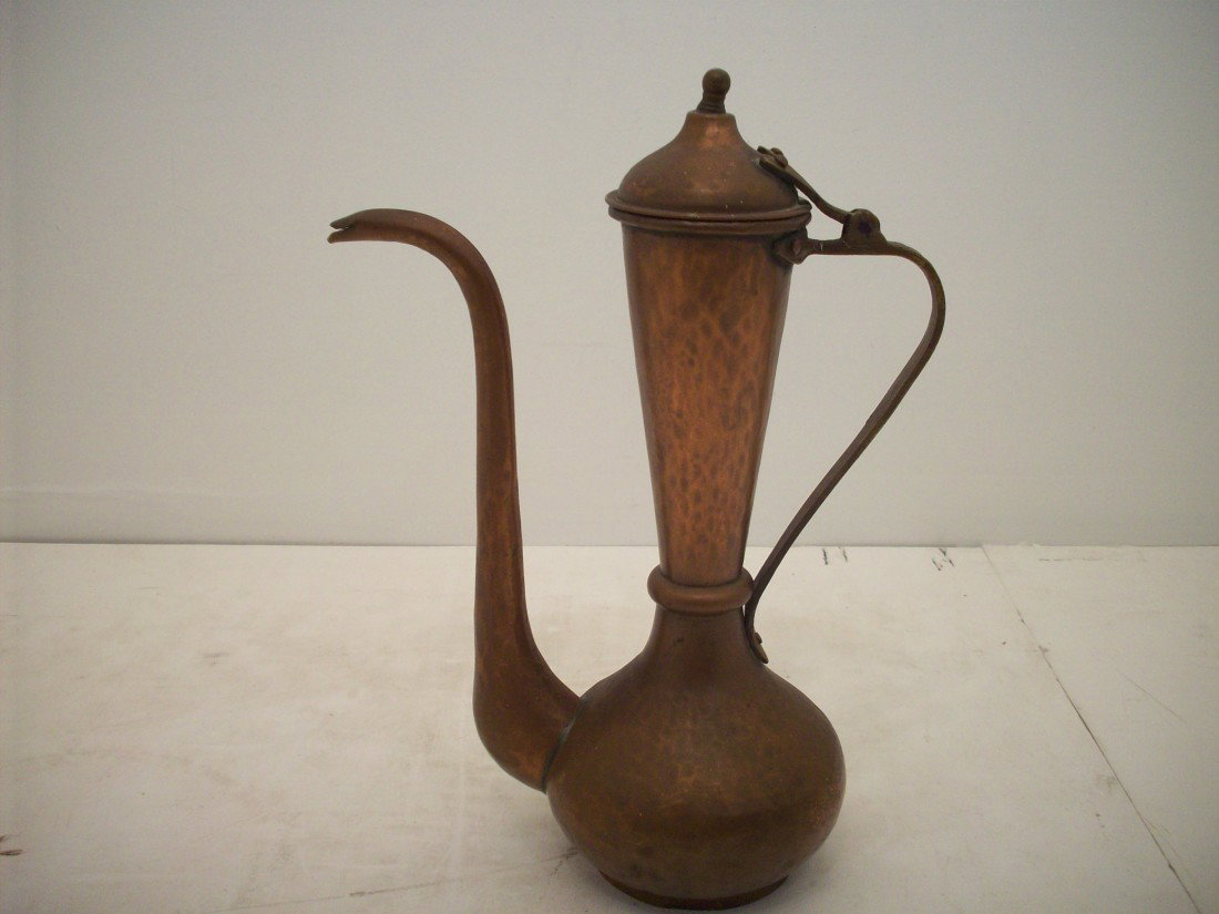 Turkish Copper Ibrik: 21 1/2" tall, 19th century, Turkish hand hammered copper Ibrik, used to make Turkish coffee, snake spout, hinged lid, marked, in great condition, finial is bent