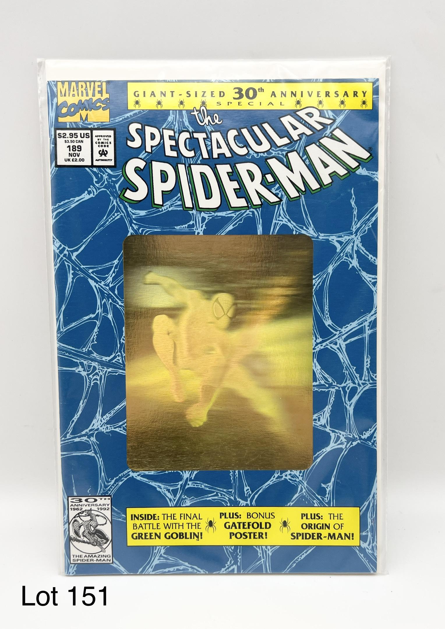 The Spectacular Spider-Man #189 Comic Book: The Spectacular Spider-Man #189 comic book. Giant sized 30th anniversary special. Holographic cover. In sleeve. *notes- raw.