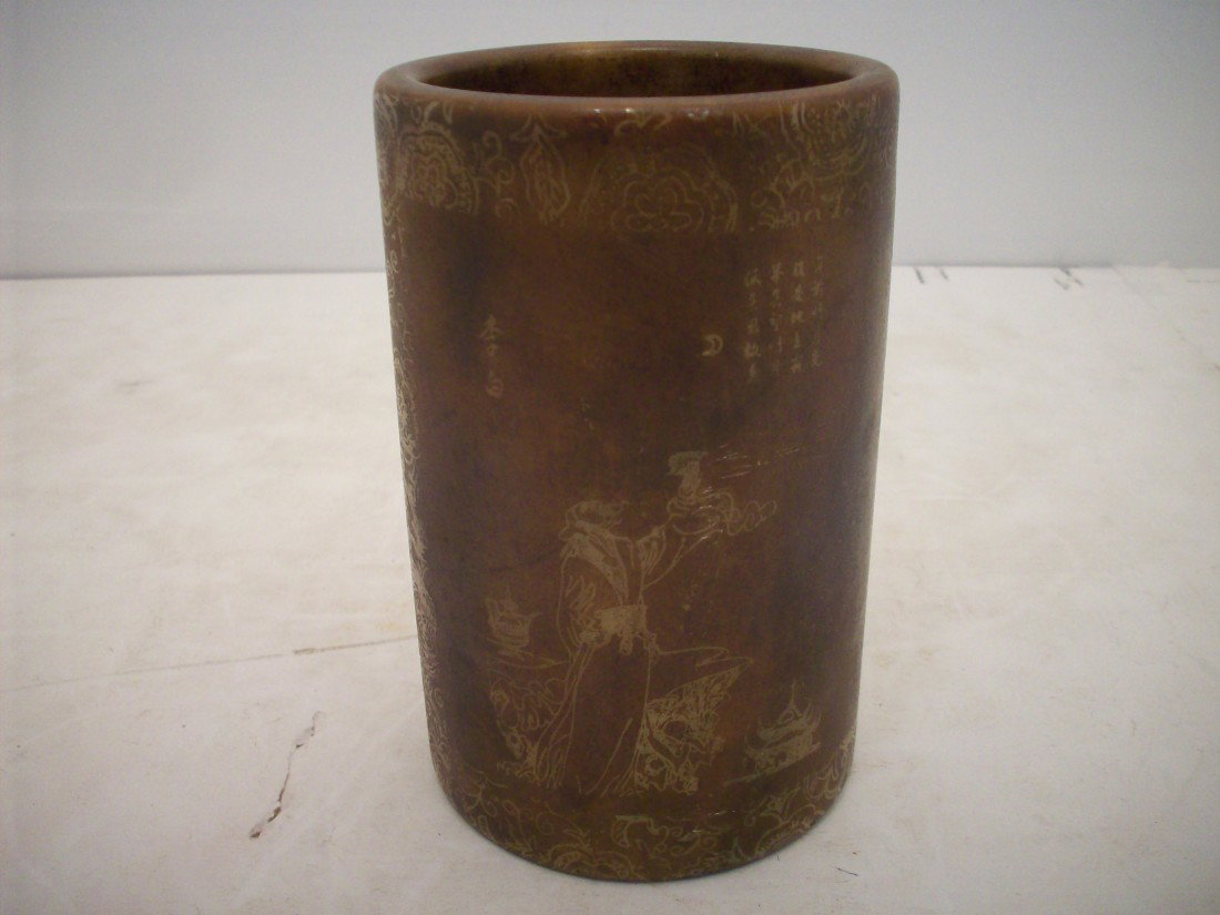 Qing Dynasty Soapstone Brush Pot: 6 1/8" tall X 4" diameter, thick walled soapstone material brush pot decorated with scenes of a man holding up a cup and characters and a patterned design, marked, great condition