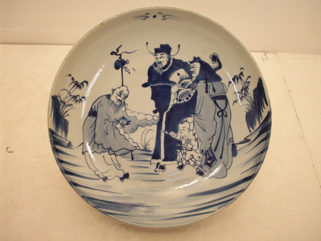 19th Century Porcelain Charger #1: 2 1/4" x 11 1/2" diameter, China, white porcelain charger with a scene in blue of two men, a mother and child, heavy foot rim, minor rim wear, great condition