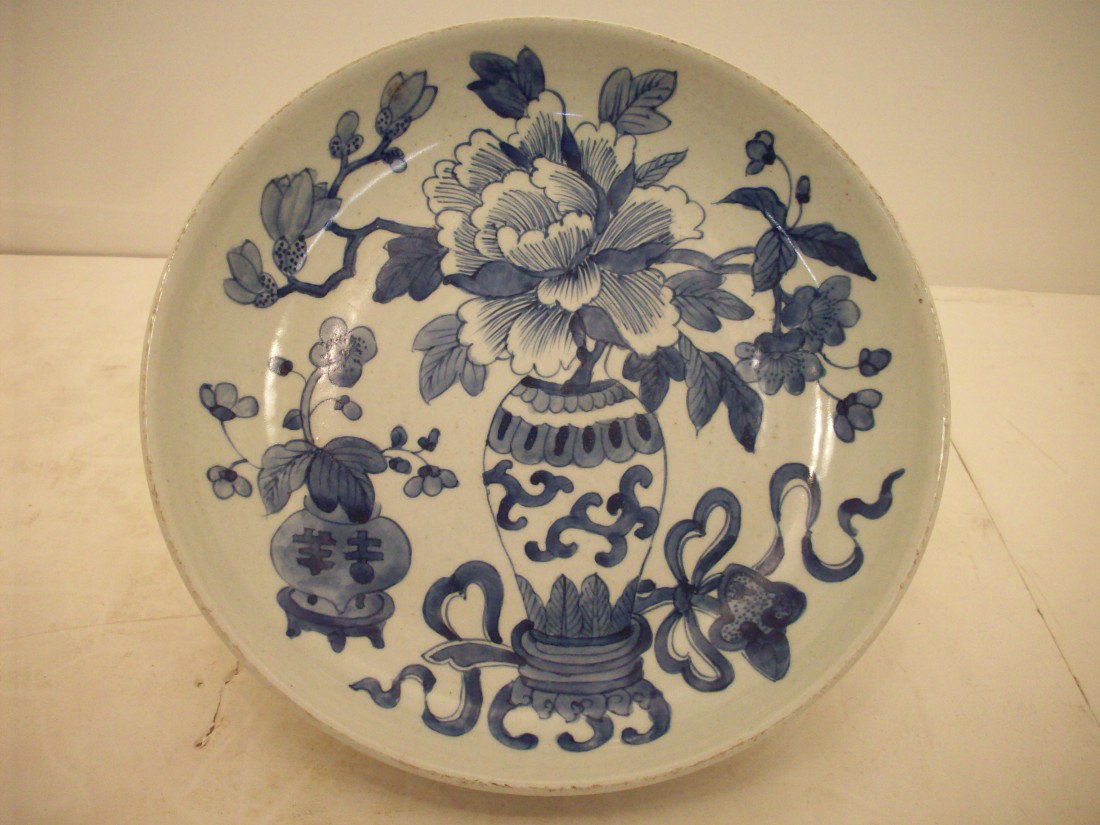 19th Century Porcelain Charger #2: 2' X 11 1/8" diameter, China, white porcelain charger decorated with flowers in vases in blue, unmarked, heavy foot rim, minor rim wear, great condition