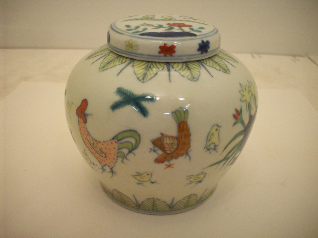 DouCai Porcelain Lidded Jar: 5" X 5", China, Lidded porcelain jar decorated with flowers, Rooster, Hen and chicks, floral patterns, marked, great condition