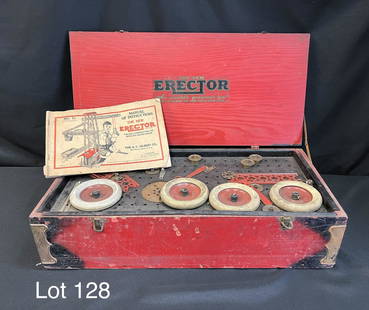 1929 Erector Set by A.C. Gilbert Co.: Erector Set from 1929 made by A.C. Gilbert Co. New Haven, Conn. Comes in original red wood box, has original manual and appears to have all pieces and motors. Box measures 22 3/4" L x 10 3/4" D x 6 1/