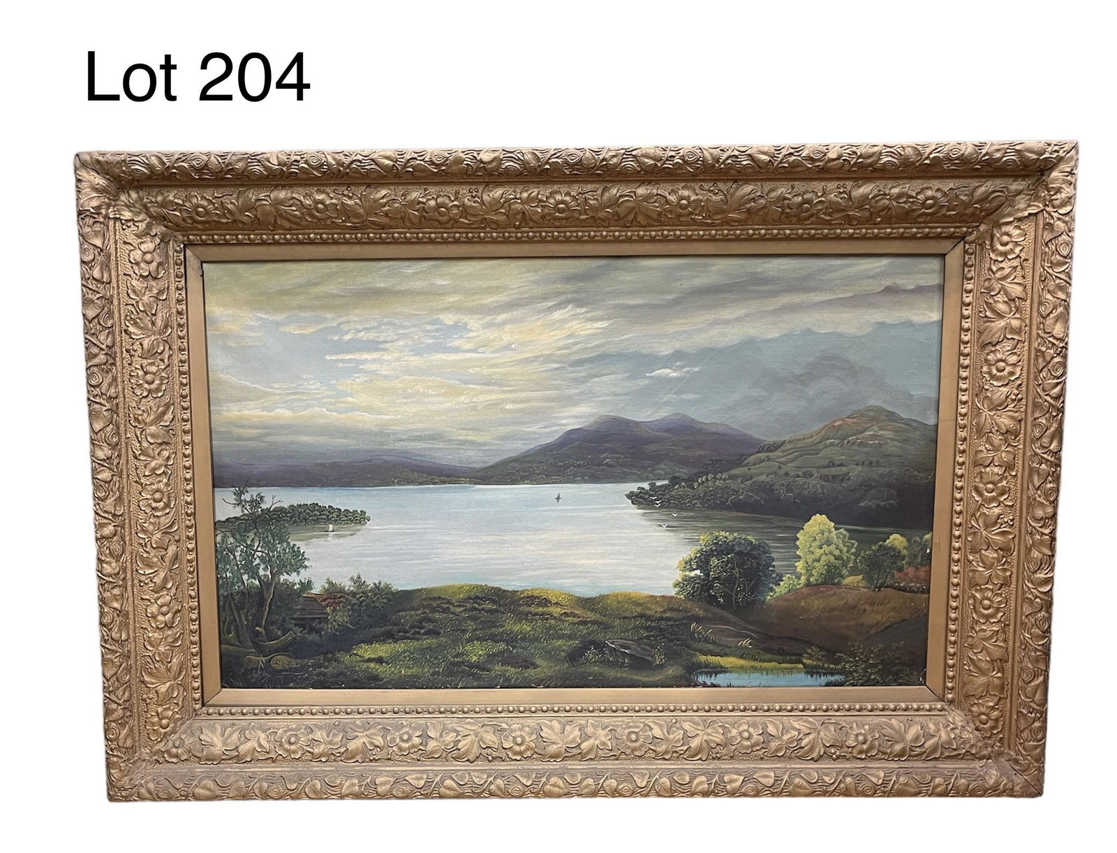 Large Antique Oil on Canvas of River Scene (1 of 9)