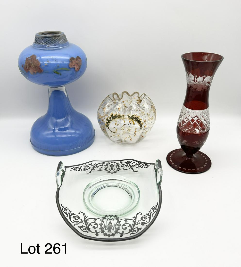 Lot of Vintage Glass Decor: Group of 20th century glass decor. Includes: Cambridge etched glass bowl, enameled ribbed rose bowl, blue opaline oil lamp with painted floral decoration and a red etched glass vase. The oil lamp is 8
