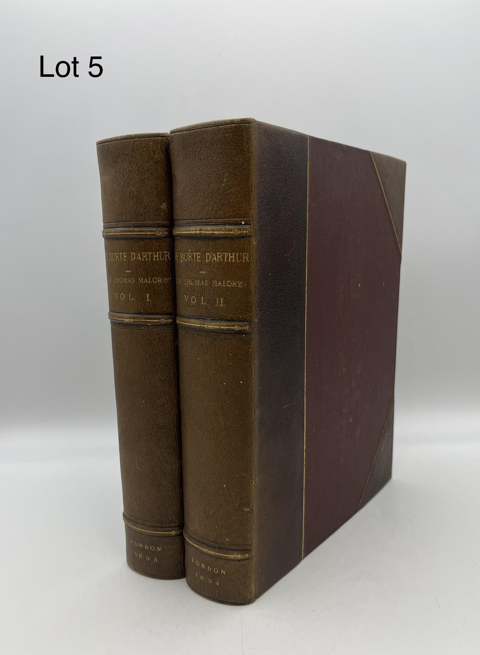 1893 Two-Volume Reprint of La Morte D'Arthur by Sir Thomas Malory: A two-volume publication of Sir Thomas Malory's Le Morte D'Arthur, first published in the 15th c. and published here in 1893 by J.M Dent. Features original artwork by Aubrey Beardsley, bookplate from