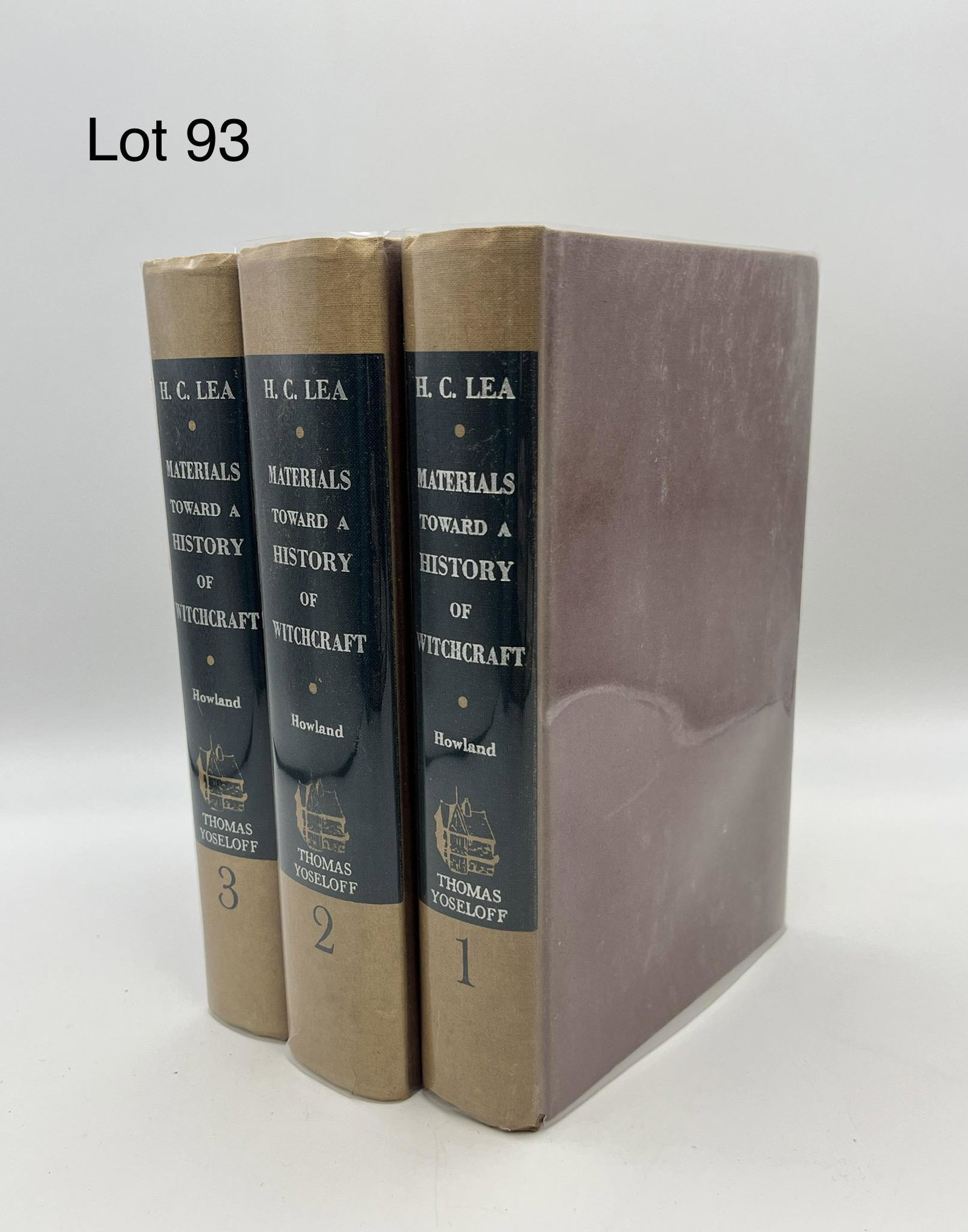 1957 Three Volume Materials Towards a History of Witchcraft from H.C. Lea: A complete three volume Materials Towards a History of Witchcraft, collected by Henry Charles Lea and arranged by Arthur C. Howland. Published in 1957 by Thomas Yoseloff. Hardcover with clear plastic 
