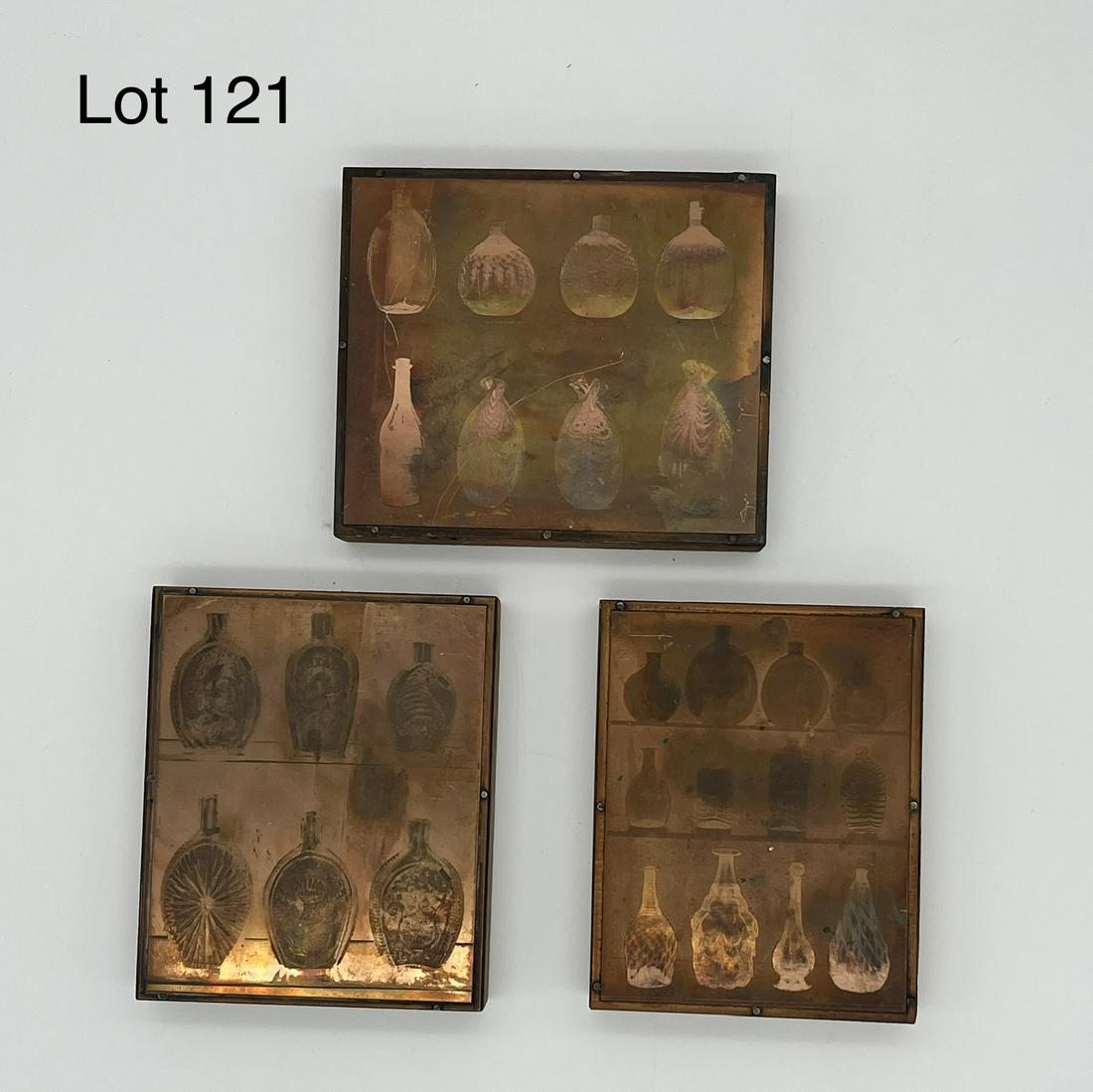 Trio of Antique Print Blocks: A trio of antique copper plate print blocks of flasks and decanters. Largest measures 4 1/2" x 5 1/4"
