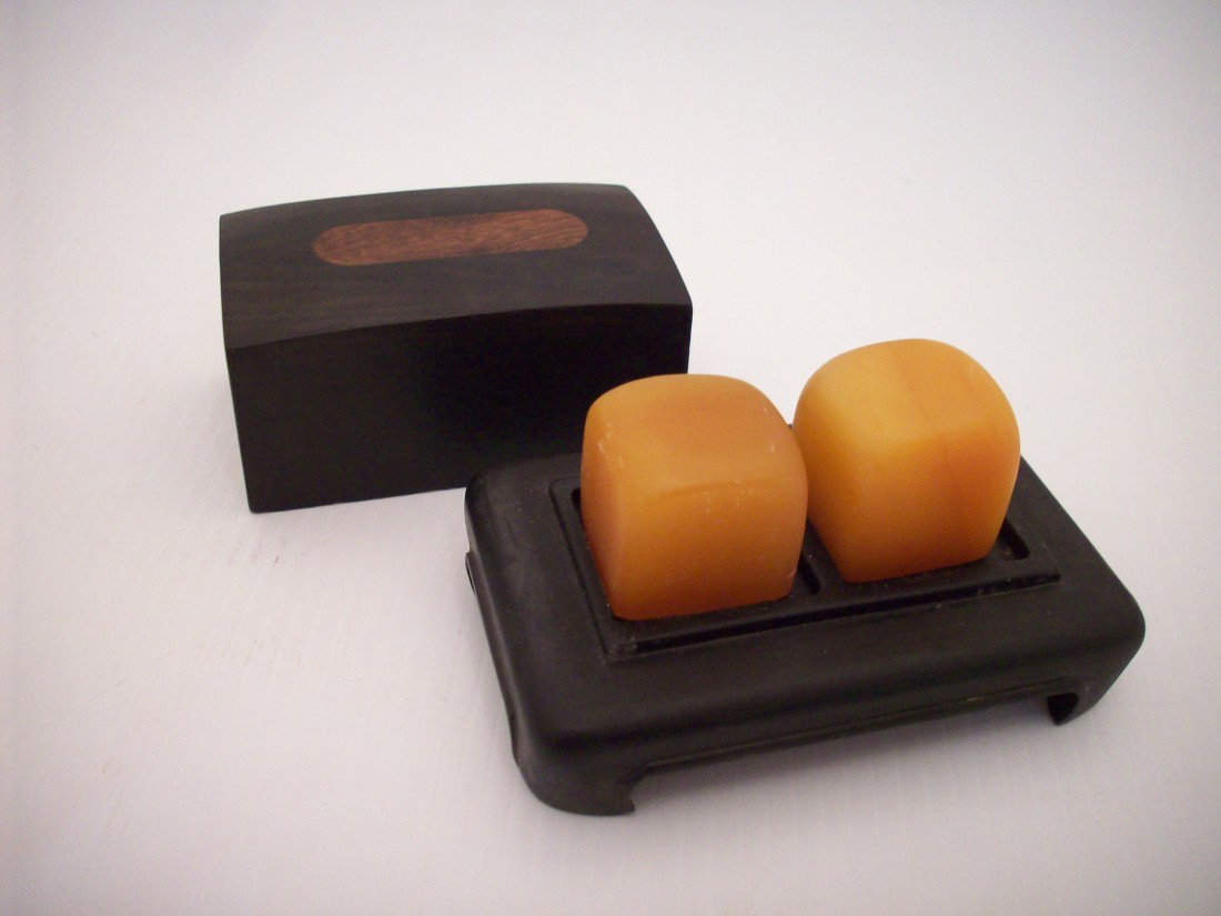 Pair of Tianhuang Soapstone Seals in Wood Box: China, Two 3/4" tall X 7/8" square yellow soapstone seals in a 2 X 3 1/4 X 2" wood display/caring box, seals have Chinese characters on one side, excellent condition