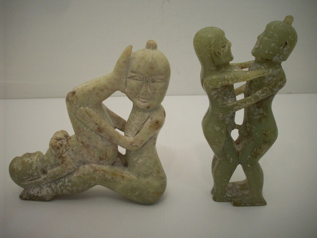 Erotic Carved Soapstone Figures Kama Sutra: China, Lot of two green soapstone carvings of men and women, Kama Sutra, great condition