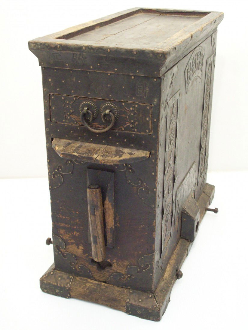 Antique Chinese Brass Worker's Bellows Box: 15" tall X 16 1/4" long X 7 1/2" wide, China, Wood bellows box partly covered with a sheet metal used as decorative and protection, many Chinese characters are stamped into the metal or are metal and