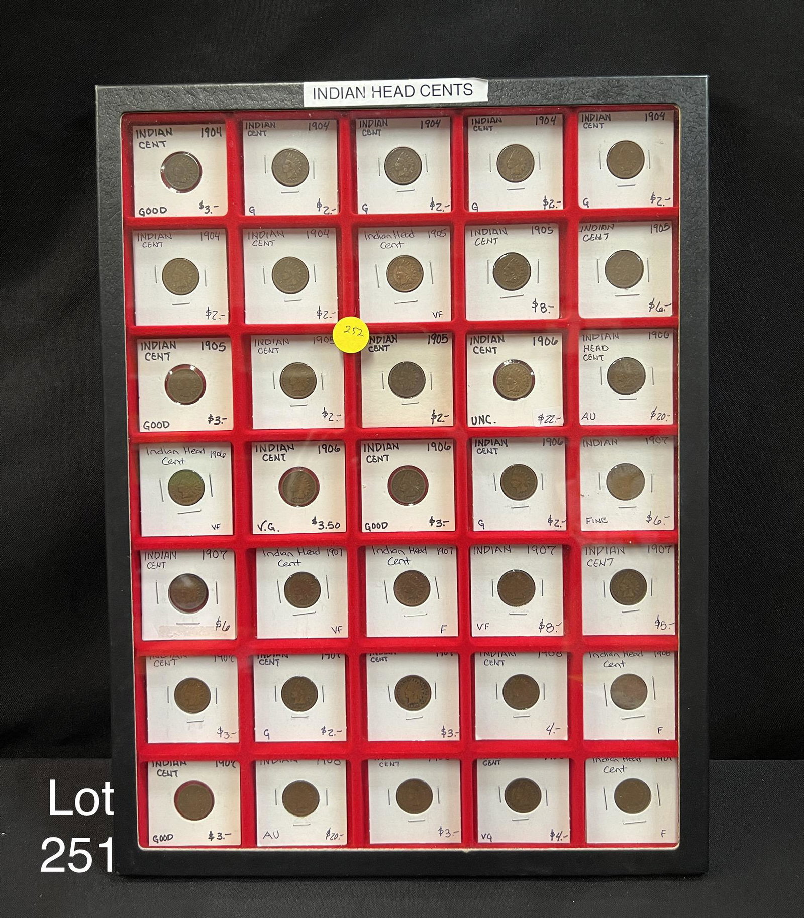 Indian Cents: (35) indian head cents 1904-1909 in shadow box mixed grades