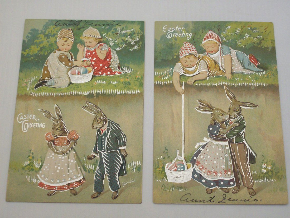 Lot of Postcards 'Easter': Lot of 2, German embossed Easter postcards with silver gilt. Both are used with writing on front and back and postage dates from 1910.