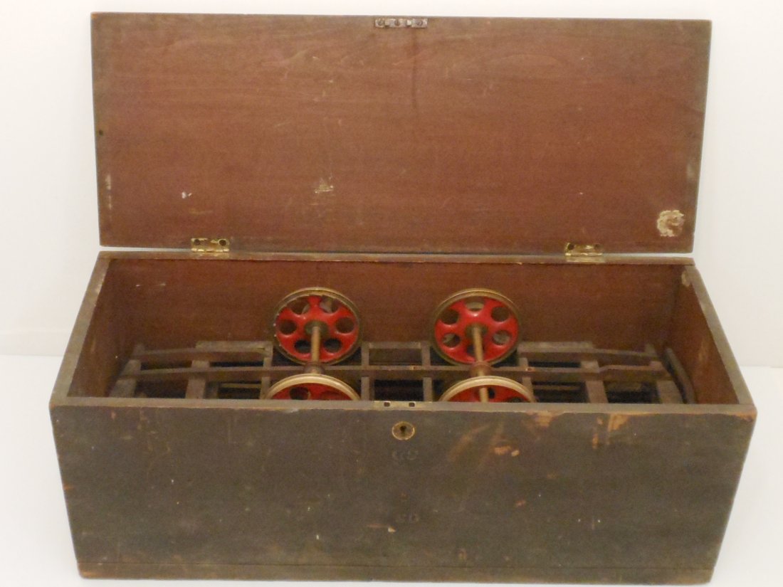 Salesman's Sample Railroad Cleaning Car: Believed to be a Salesman's Sample, 9 X 23 X 9" wood box holds two railroad flat car frames, wood construction and 4" painted cast wheels, one is just a basic flat car and the other is a model rail cl