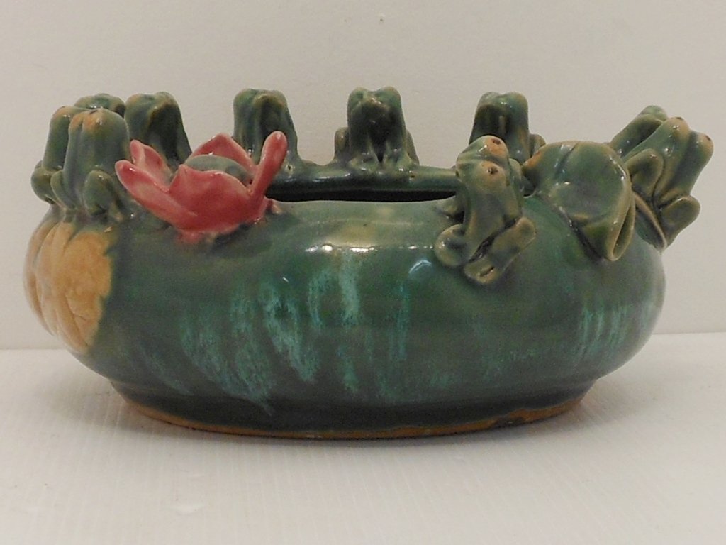 Vintage Weller Majolica Frog Pottery Planter Bowl: 3 3/4" tall X 7 3/4" wide, circa 1920's-1930's, unmarked, believed to be Weller art pottery, green majolica planter with 10 frogs, a waterlily and lily pads, heavy crazing typical for its age, excelle