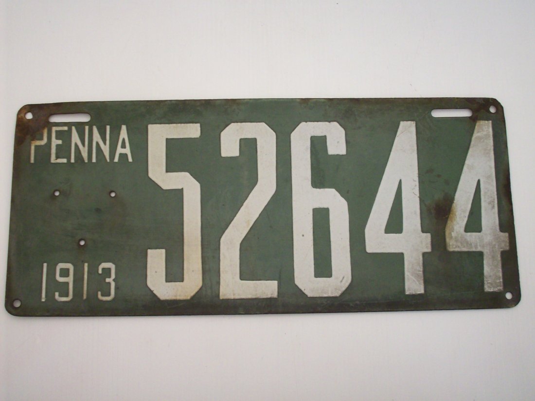 PENNA 1913 Porcelain License Plate: 14" X 6" (larger plate) white letters and numbers on olive green background,# 52644, Brilliant MFG Co, stencil on reverse, missing Keystone symbol with makers number, rolled corner, some porcelain los