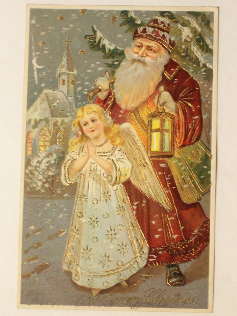 Postcard 'Christmas' Santa Deep Red Coat: German embossed gold gilt postcard, depicting Santa Claus with an angel. Used with writing on front and back, no postage.