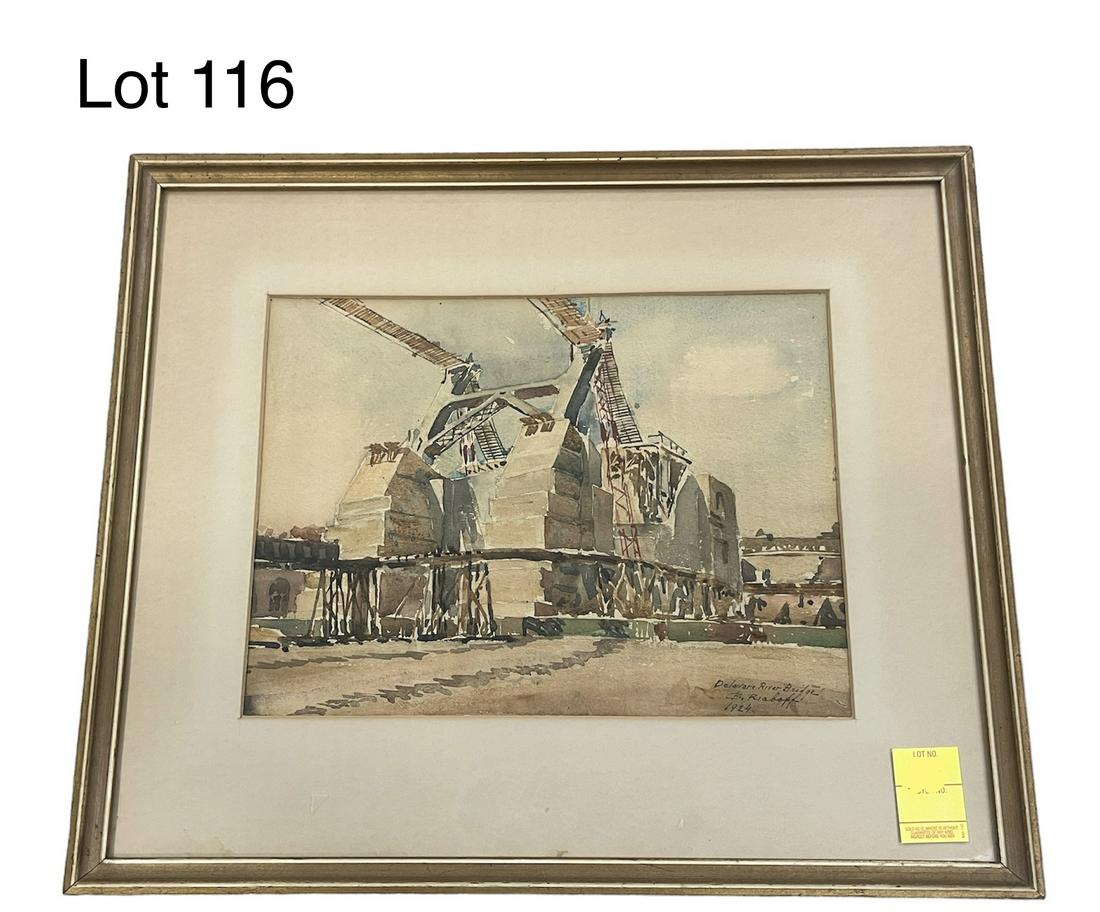Watercolor on Paper Titled Delaware River Bridge by B. Riaboff: A framed watercolor on paper signed by B. Riaboff, titled Delaware River Bridge, and dated 1924 in the bottom right corner. Piece measures 20 3/4" x 17 1/2", 13 1/2" x 10" site.