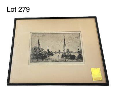 Antique Etching Titled Zaandam, Netherlands by Maxime Lalanne (1827-1886): An antique etching of a Dutch dock scene titled Zaandam, Netherlands by French artist Maxime Lalanne (1827-1886). Additional writing on back, measures 16" x 13", 9 1/2" x 6 1/4" site. *note - some spo