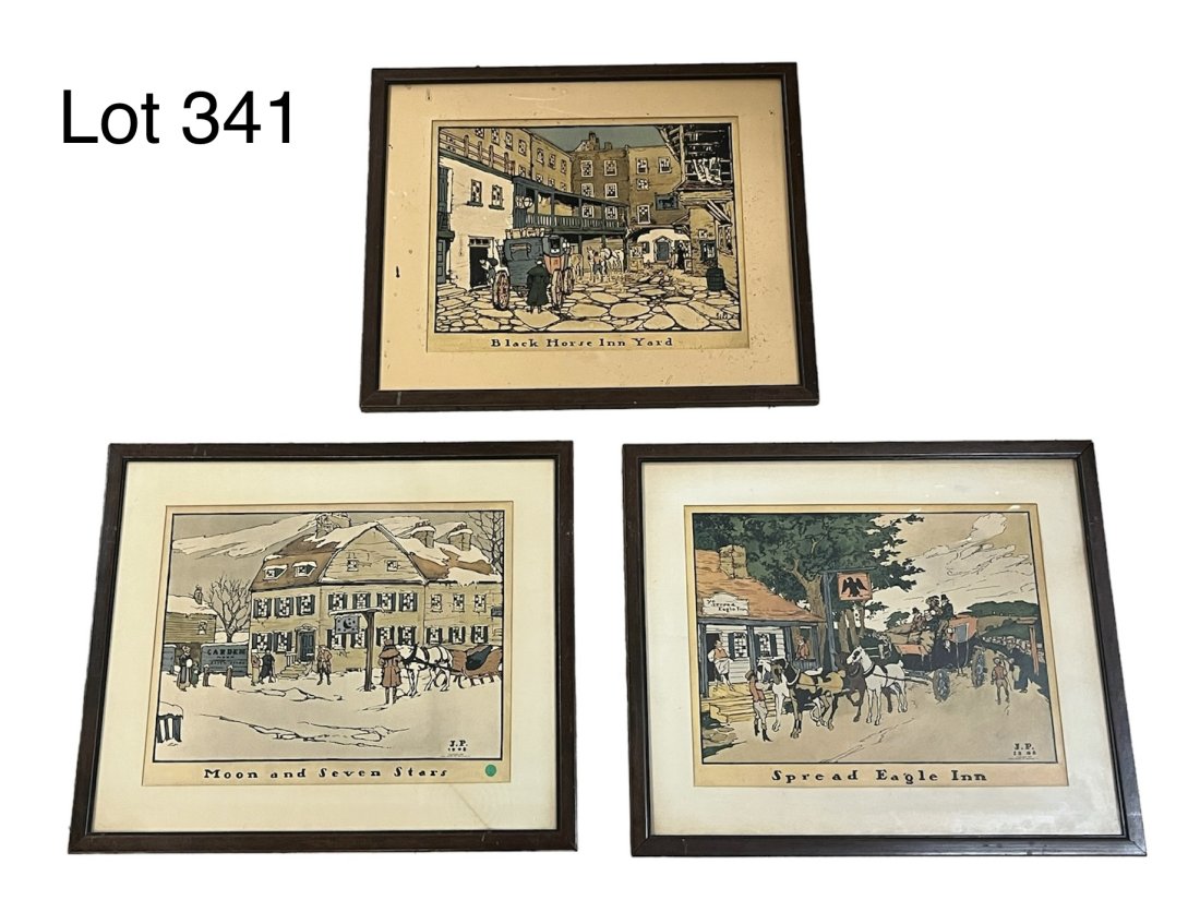 Trio of Antique Prints from James Preston's (1873-1962) Inns and Alehouses of Old Philadelphia: A trio of antique prints from James Preston's (1873-1962) series Inns and Alehouses of Old Philadelphia, including the Black Horse Inn Yard, the Spread Eagle Inn, and the Moon and Seven Stars. All sho