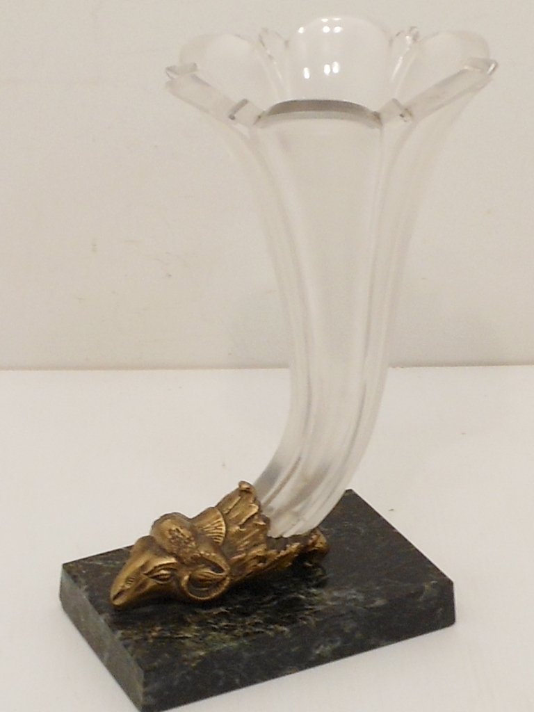 Art Nouveau Mounted Glass Vase: 8 1/4" tall X 4 3/4" X 4 1/4", Art glass curved vase with a brass 'Rams Head' mounted on a marble base, vase has smooth interior with deep cut lines and frosted exterior, excellent condition