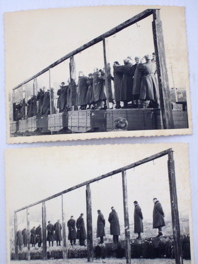 1946 Photos of The Punishing of Nazi War Criminals #1: Two Black and White Photos from the Ukrainian Archives, showing The Russian Military hanging Nazi 'War Criminals', 1946 in Kiev, stamped on reverse and hand writing in pencil in Russian, writing names