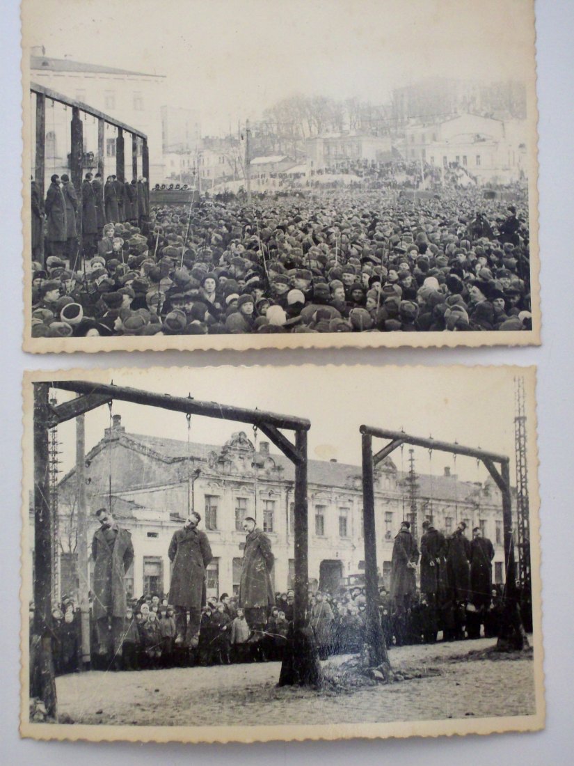 1946 Photos of The Punishing of Nazi War Criminals #3: Two Black and White Photos from the Ukrainian Archives, showing The Russian Military hanging Nazi 'War Criminals', 1946 in Kiev, stamped on reverse and hand writing in pencil in Russian, writing names