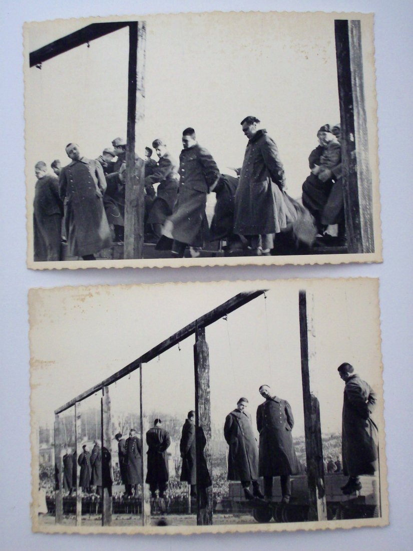 1946 Photos of The Punishing of Nazi War Criminals #4: Two Black and White Photos from the Ukrainian Archives, showing The Russian Military hanging Nazi 'War Criminals', 1946 in Kiev, stamped on reverse and hand writing in pencil in Russian, writing names