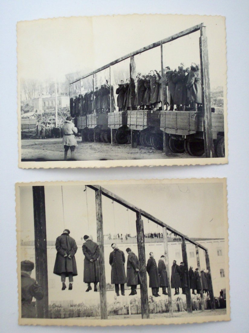 1946 Photos of The Punishing of Nazi War Criminals #5: Two Black and White Photos from the Ukrainian Archives, showing The Russian Military hanging Nazi 'War Criminals', 1946 in Kiev, stamped on reverse and hand writing in pencil in Russian, writing names
