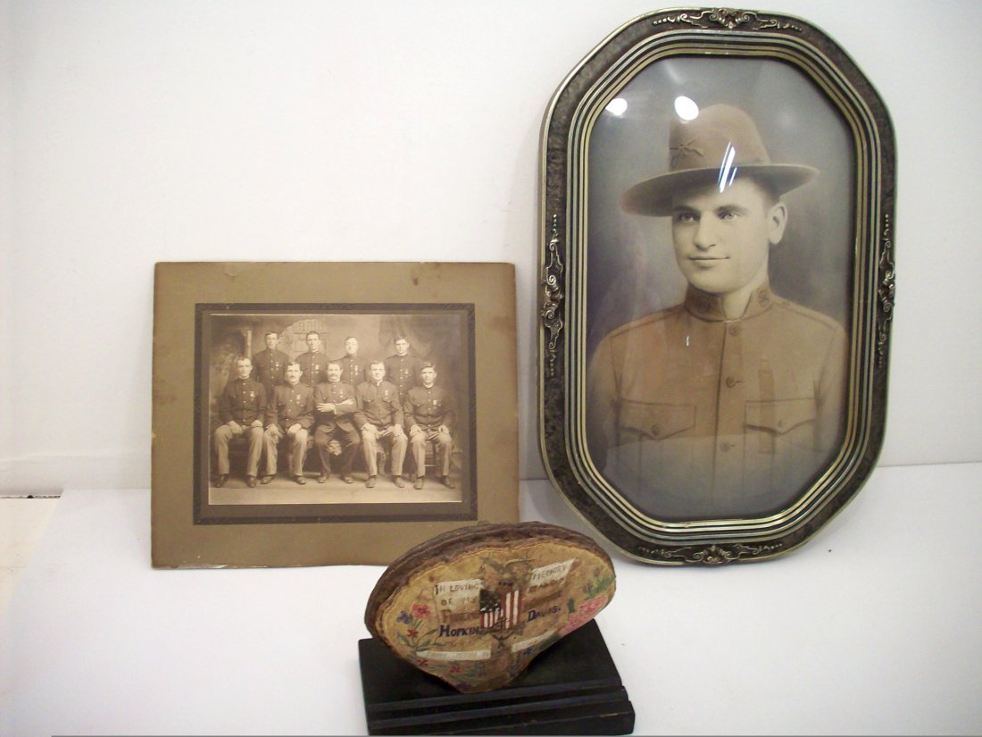 Lot of Spanish American War Items: Lot of three. Card mounted group photo of USWV (United Spanish War Veterans). Large framed picture under glass of a 2nd Infantry Soldier. An unusual dedication from John H. Davis to Hopkin Davis a dea